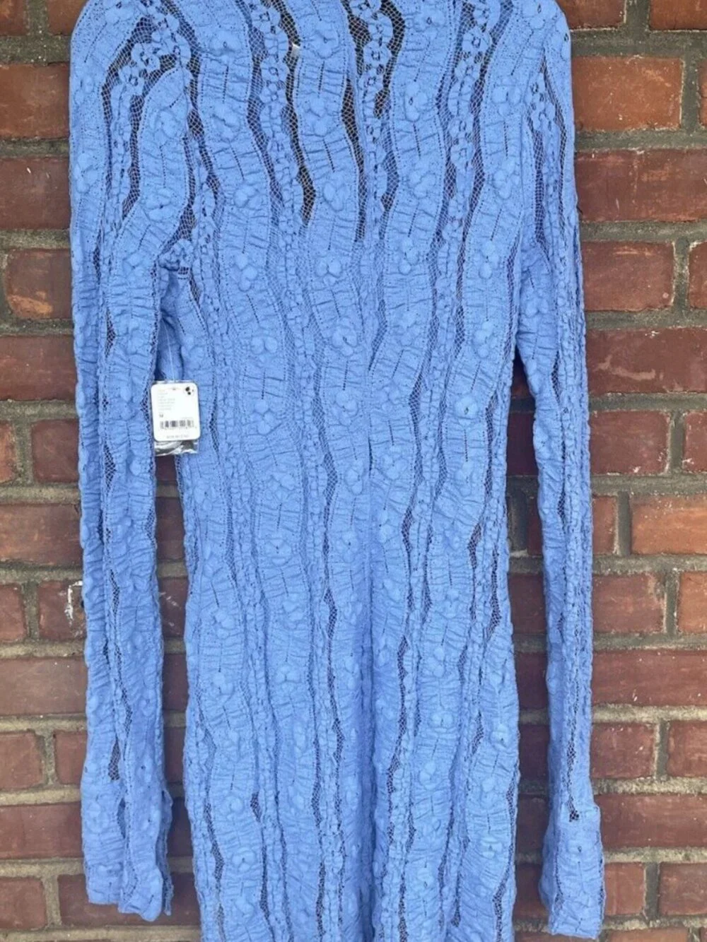 Free People Shayla Lace Mini Dress Periwinkle Blue L/S Ruched Button Front M NWT